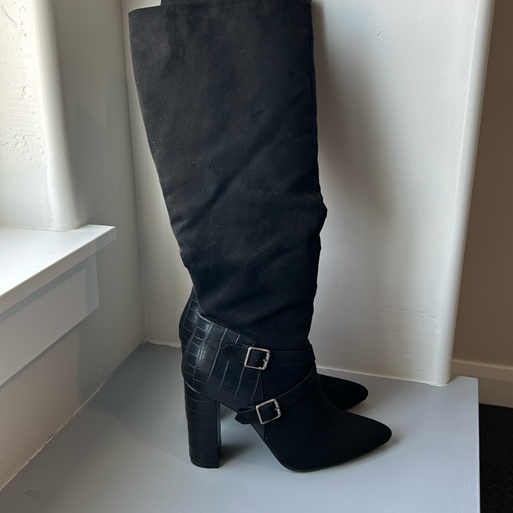 Just Fab -black faux suede, tall boots, with faux crocodile heals . Size 9 m